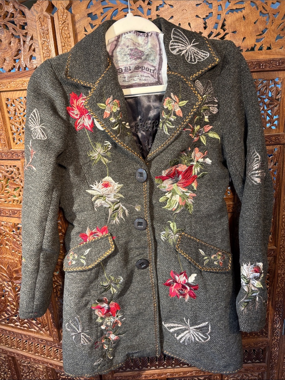 Paparazzi Floral Embroidered Wool-Blend Women's Coat - Dark Gray